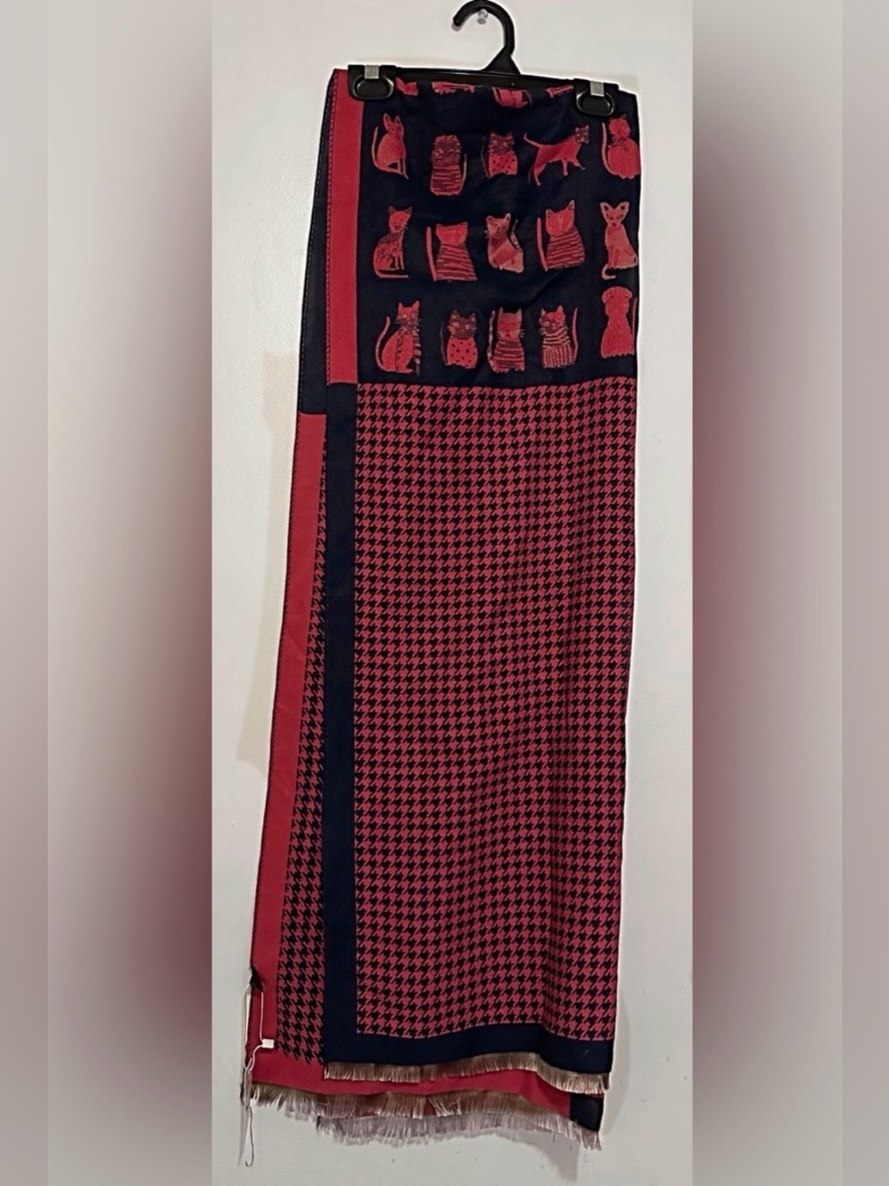 Women's Red and Black Houndstooth Midi Skirt with Cat Print